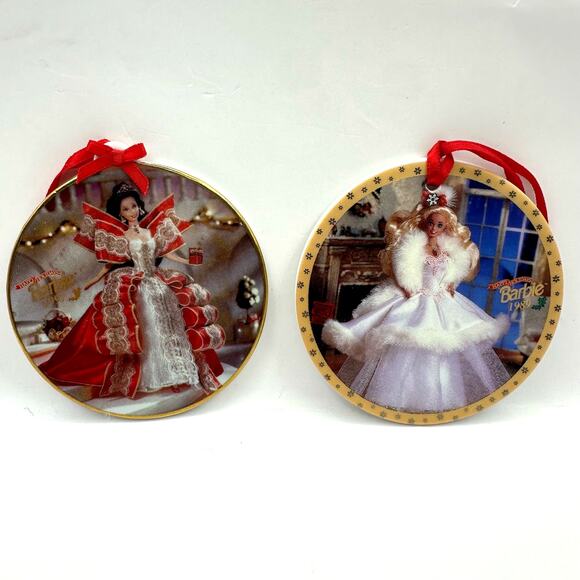 Vintage Barbie Porcelain Christmas Ornament 1989 1997 Happy Holidays Set of 2 - Picture 1 of 8
